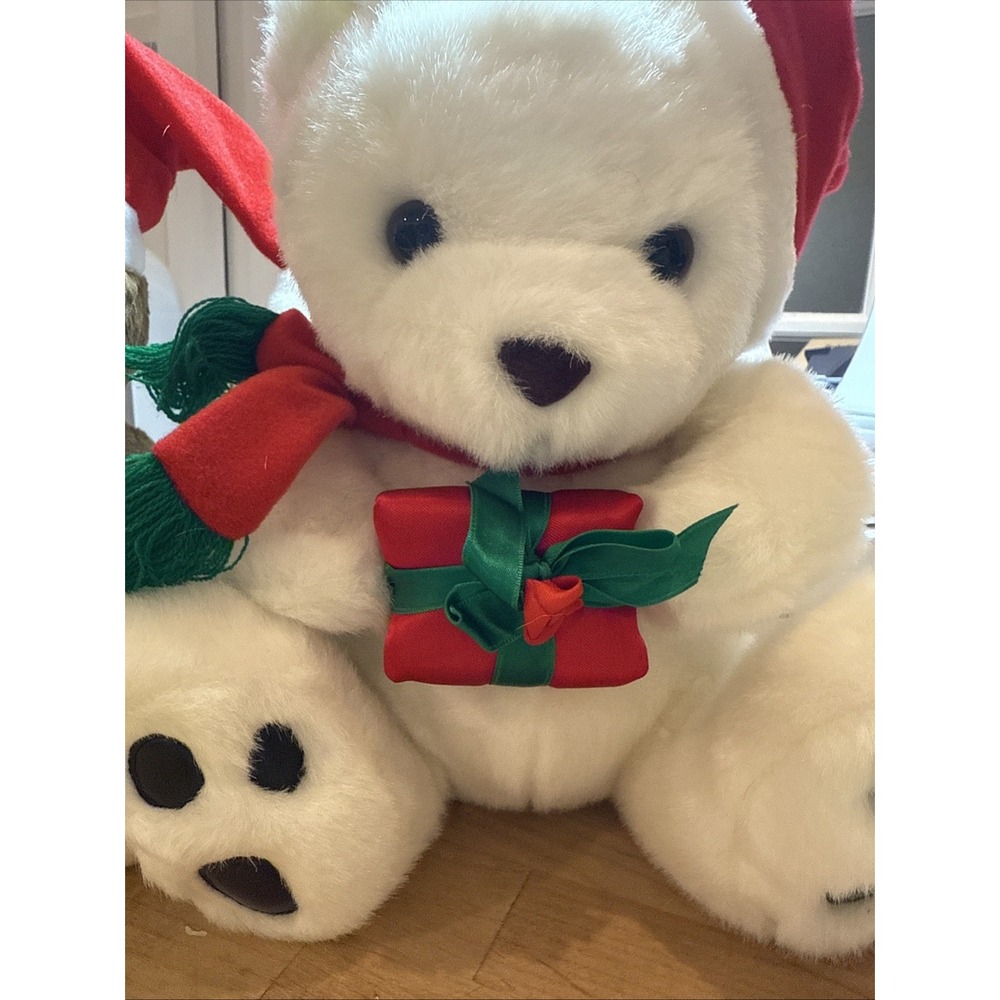 2 Plush Stuffed Christmas‎ Gift Teddy Bears Hats Scarfs Vintage Tree Decor